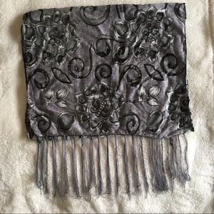 100% Silk black and silver scarf